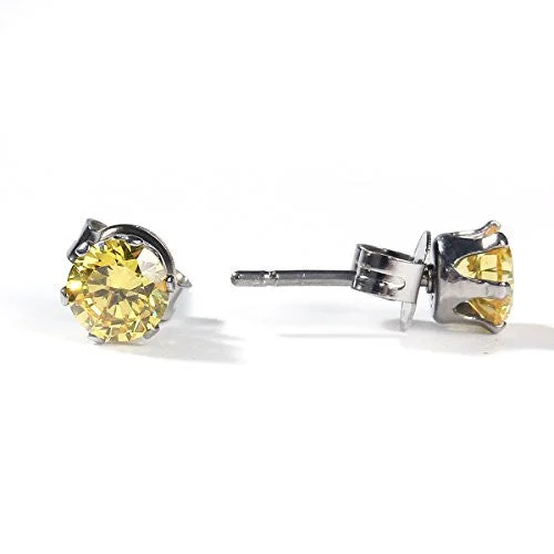 Chunky Hoop Earrings-Sexy Sparkles Women's 6mm Stainless Steel Round Yellow Cubic Zirconia Stud Earring Silver Plated