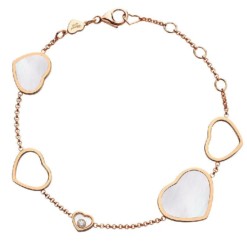 Rose Gold Bracelets-18ct Rose Gold Mother Of Pearl Happy Hearts & Diamond Bracelet