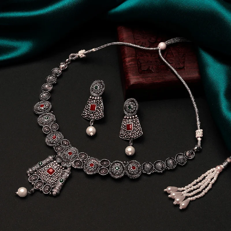 Round Gemstone Necklace-Shrishti Fashion Gorgeous Oxidised Plated Choker Necklace set For Women