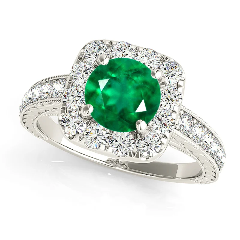 Engagement Ring with Sapphire-2.00 ct. Genuine Round Emerald Ring With Halo and With Milgrain Design