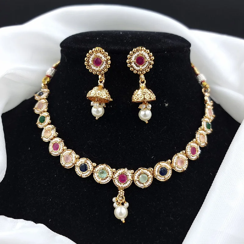 Elegant Pearl Drop Necklace-JCM Gold Plated Pota Stone And Pearls Necklace Set