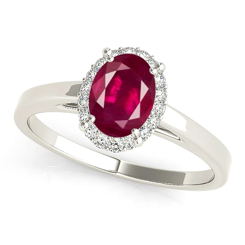 Personalized Birthstone Ring-1.55 ct. Genuine Oval Ruby with Halo And Solid Gold Solitaire Band