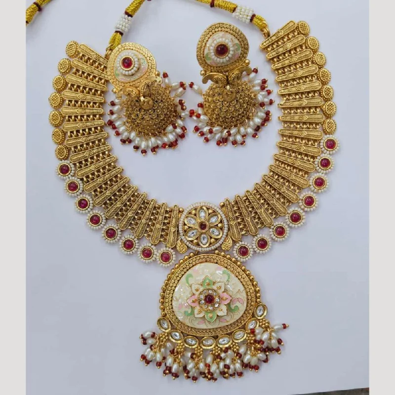 Luxury Pearl Necklace-Manisha Jewellery Gold Plated Pota Stone And Beads Meenakari Necklace Set