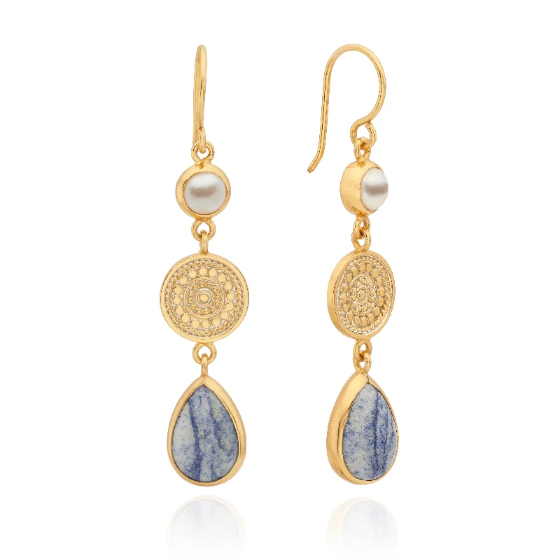 Luxury Gemstone Earrings-Anna Beck Gold Dumortierite and Pearl Triple Drop Earrings