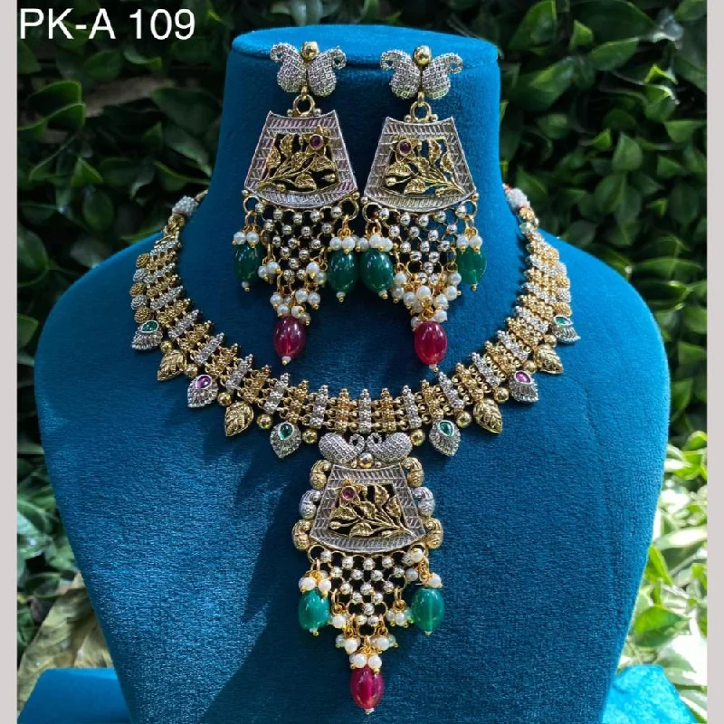 Trendy Multi-layer Necklace-Amoliya Jewels 2 Tone Plated Pota Stone And Pearls Choker Necklace Set