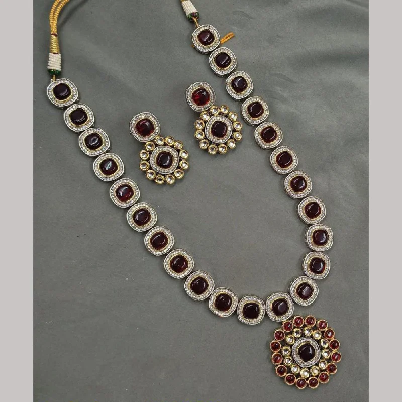 Flower Necklace for Women-FS Collections Gold Plated Kundan Stone Long Necklace Set