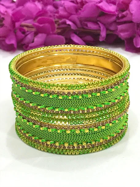 Stackable Bangles for Brides-Impressive Green Color Metal Bangles Set For Women