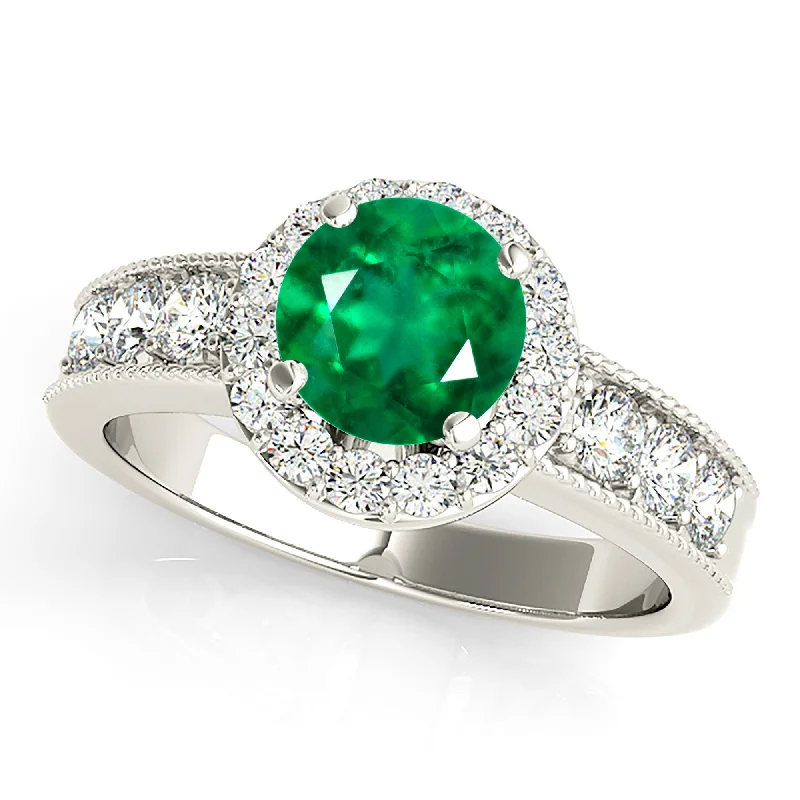 Classic Gold Band Ring-1.15 ct. Genuine Emerald Ring With Halo, Milgrain Design Diamond Band