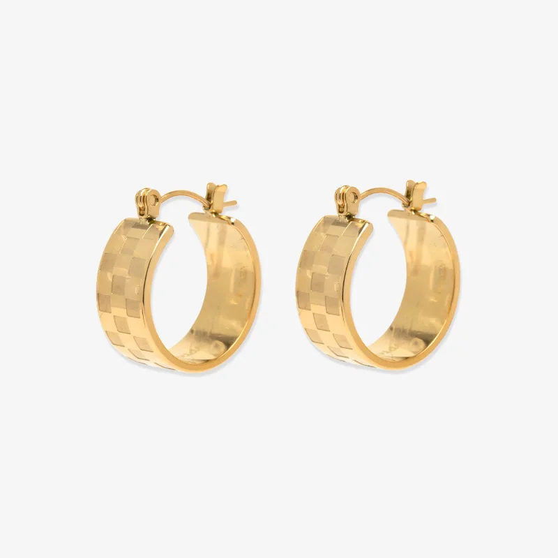 Artistic Crystal Earrings-Gold Check Hoop Earrings