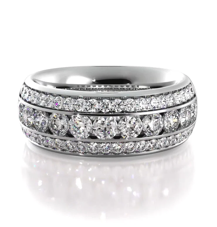 Luxury White Gold Ring-1.30 ct Round Diamond Three Row Wedding Band