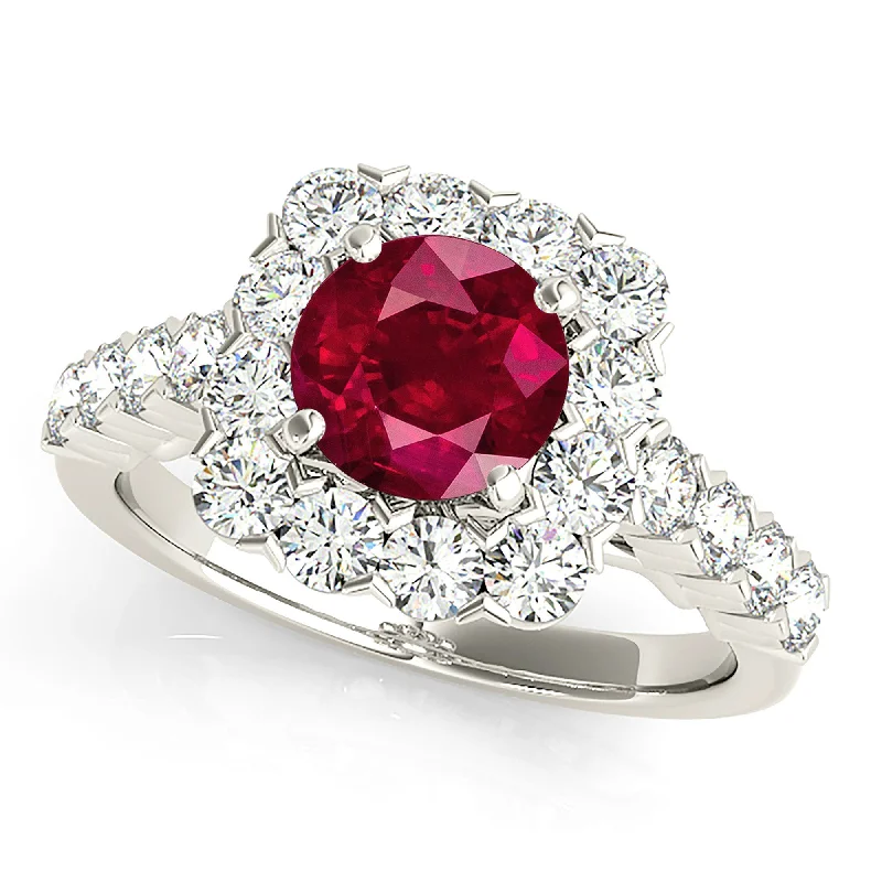 Classic Wedding Ring Set-2.35 ct. Genuine Ruby Ring With Cushion Halo And Scalloped Diamond Band