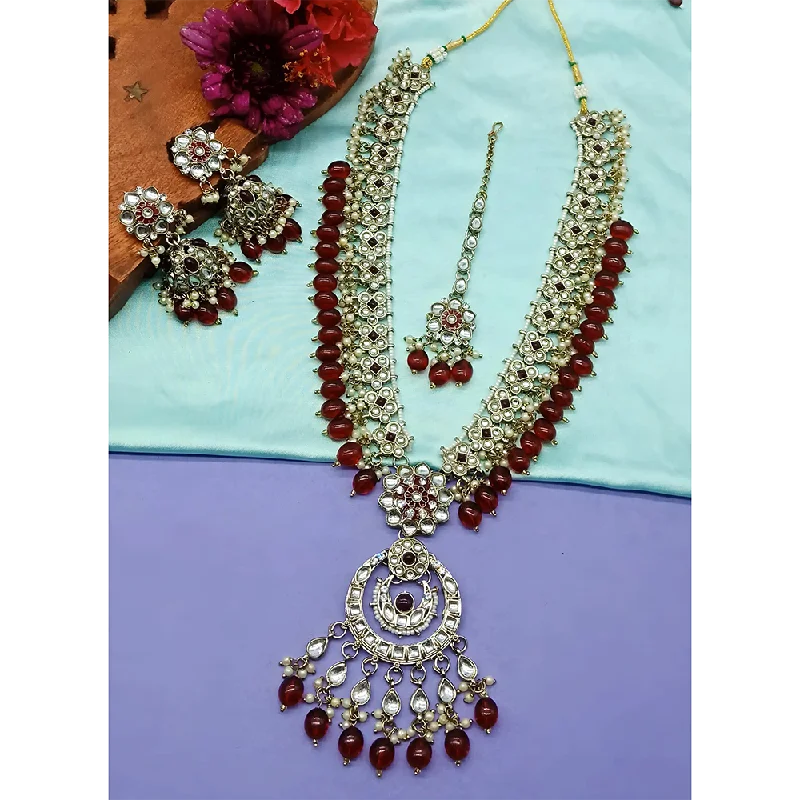 Heart Shaped Gold Necklace-Gehana Mahal Kundan Stone And Meenakari Pearls Long Necklace Set