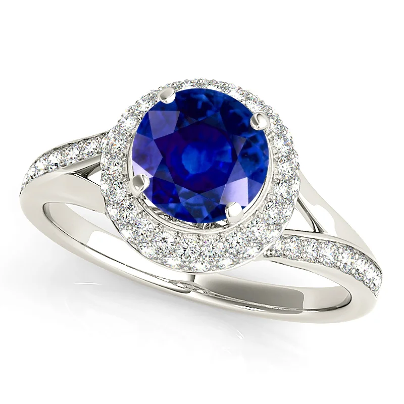 Classic White Gold Ring-1.35 ct. Genuine Blue Sapphire Split Shank Beautiful Pave Set Halo Ring