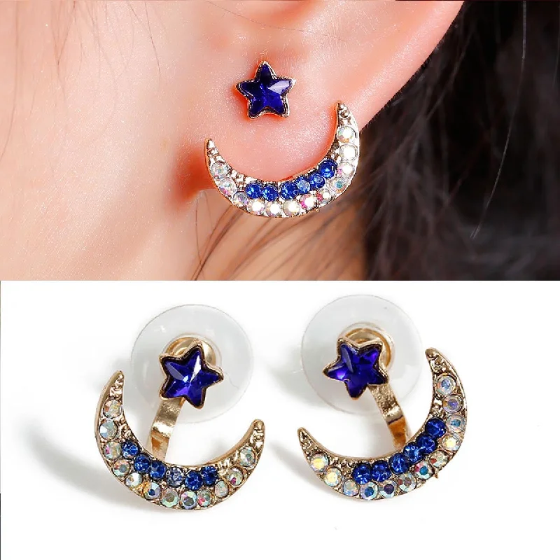 Fashionable Ear Cuffs-Sexy Sparkles Ear Jacket Stud Half Moon Earrings Back Ear Cuffs Stud Earring