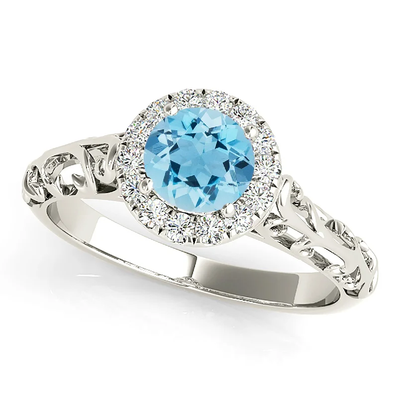 Gemstone Promise Ring-1.00 ct. Genuine Aquamarine Ring With Halo, Floral Basket Band