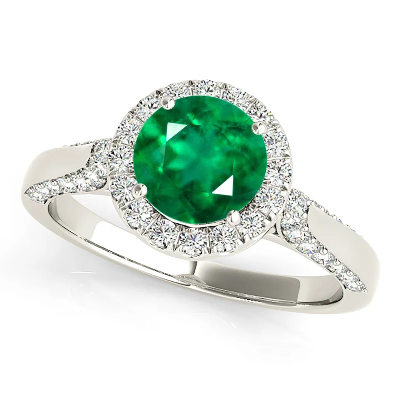 Silver Vintage Ring-1.75 ct. Genuine Emerald Ring with Halo, Pave Diamond and Solid Gold Band