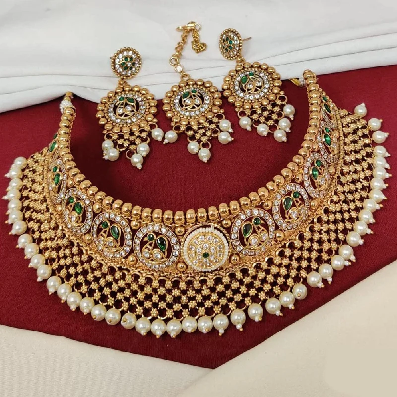 Colorful Bead Necklace-Manisha Jewellery Gold Plated Pota Stone And Pearls Choker Necklace Set