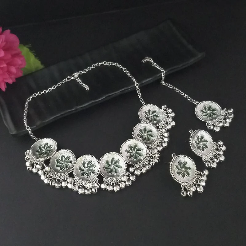 Silver Chain Necklace-Kriaa Oxidised Plated Green Meenakari Necklace Set With Maang Tikka - 1116013G