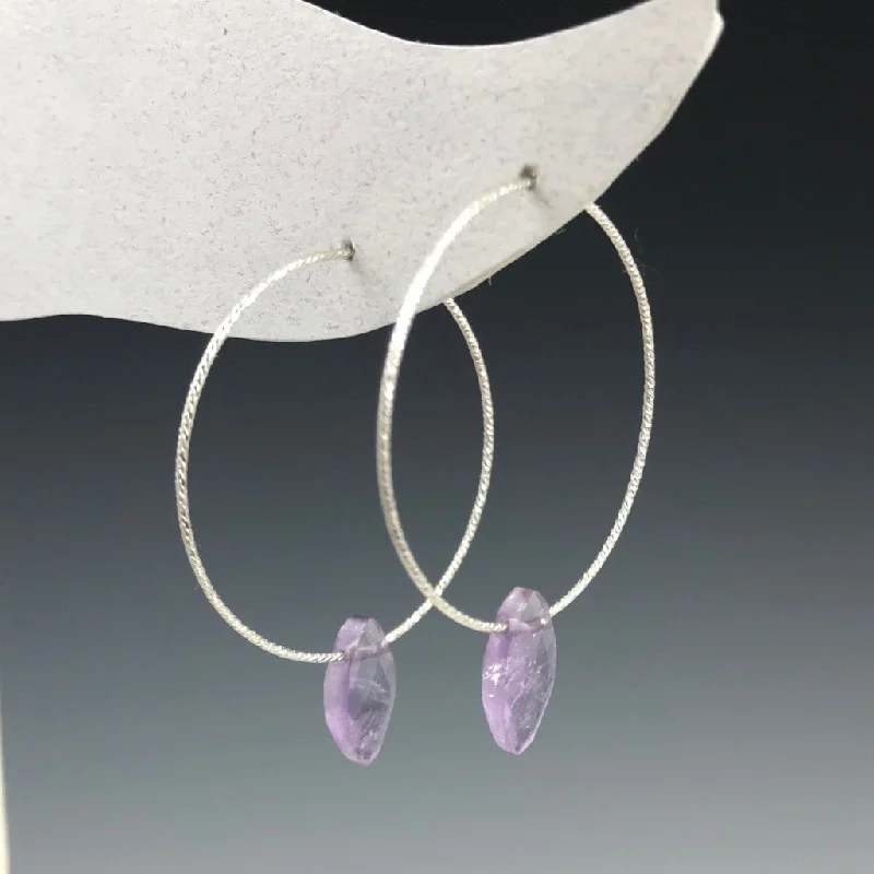 Dainty Silver Earrings-Silver Hoop Amethyst Oval Drop Earrings - M