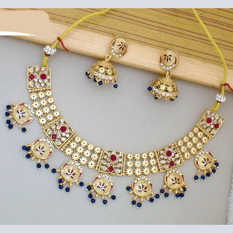 Minimalist Pendant Necklace-JCM Gold Plated Pota Stone And Meenakari Beads Necklace Set