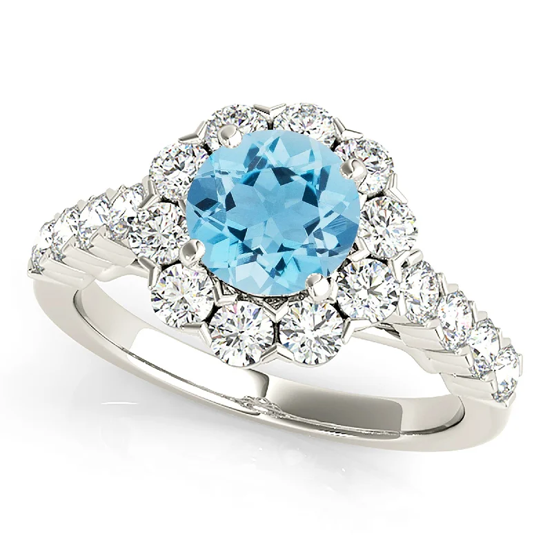 Unique Men's Wedding Ring-1.10 ct. Genuine Aquamarine Ring With Halo And Scalloped Diamond Band