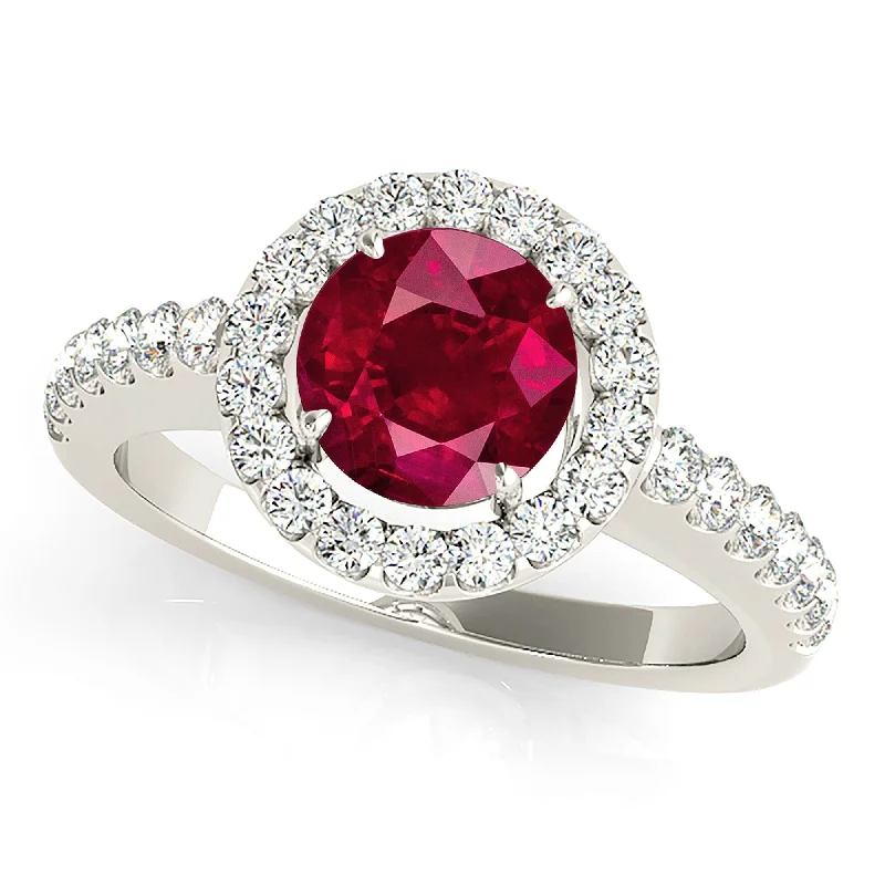 Gold Diamond Band-1.35 ct. Genuine Ruby Ring With Halo And Delicate Diamond Band