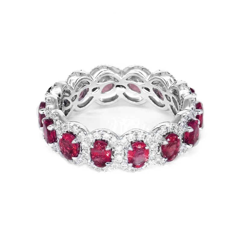 Stylish Diamond Ring-3.20 ct. Genuine Oval Ruby Eternity Ring With Diamond Halo