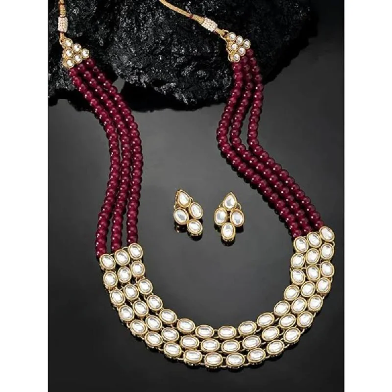 Multi-Strand Necklace-Etnico Gold Plated Traditional Stunning White Kundan Studded Layered Pearl Necklace Jewellery Set with Earrings For Women/Girls (IJ376) (Maroon)