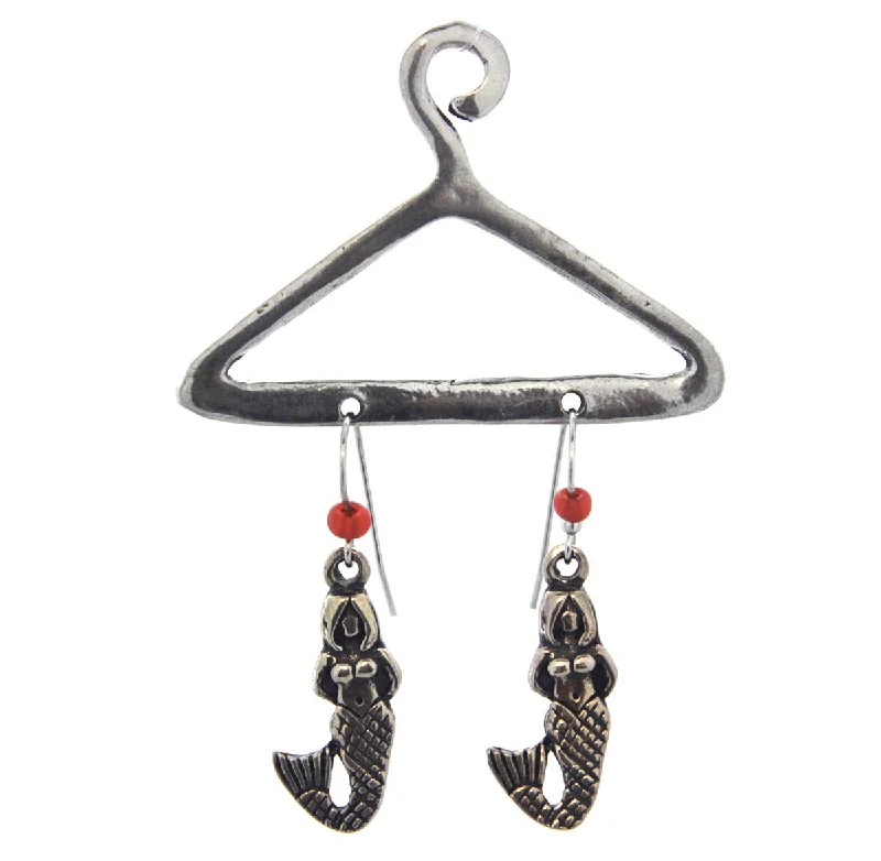 Classic Stud Earrings-Mermaid Pewter Earrings on a hanger, Orange bead