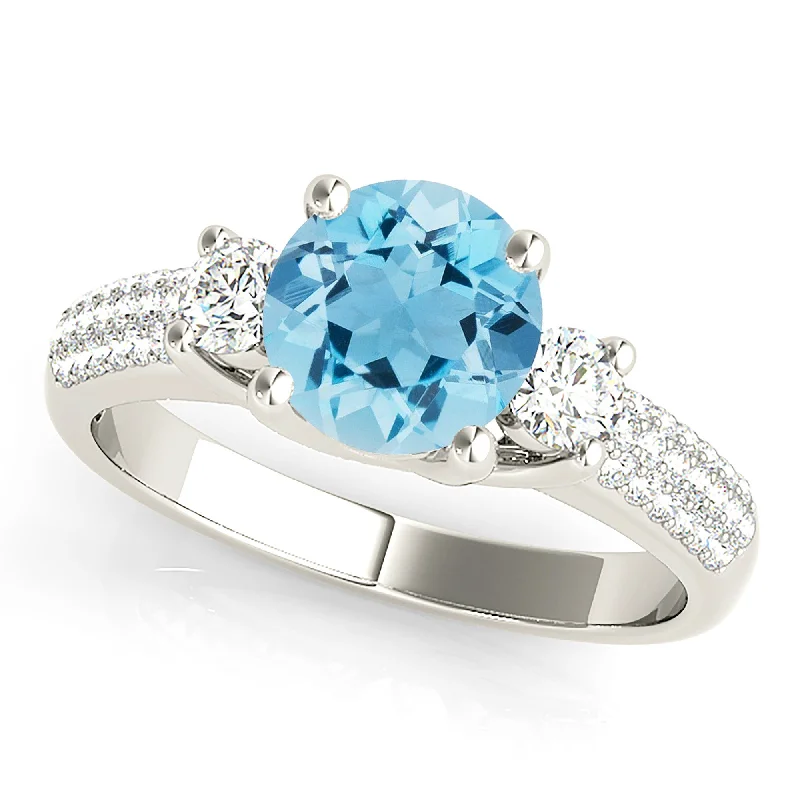 Silver Heart Ring-2.00 ct. Genuine Aquamarine Ring with Side Accent Diamonds