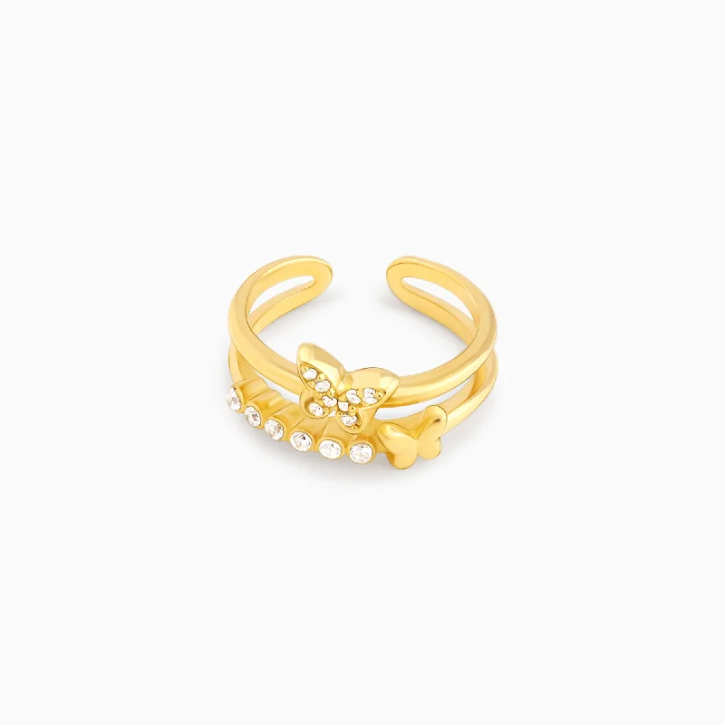 Modern Cocktail Ring-Golden Butterfly In Love Ring