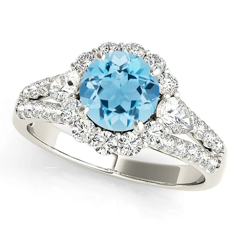 Custom Engagement Ring Set-1.10 ct. Genuine Aquamarine Ring With Halo And Split Diamond Shank