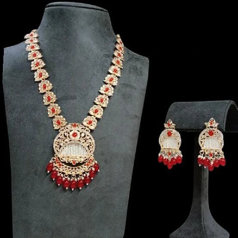 Chunky Silver Necklace-Rudraksh Art Gold Plated Pota Stone And Beads Necklace Set