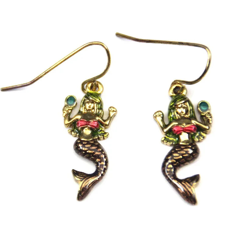 Emerald Green Earrings-Mermaid with Mirror Earrings, Gold