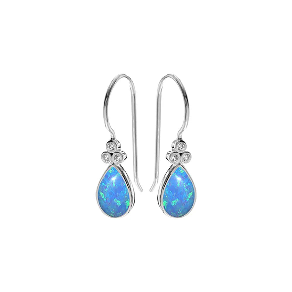 Diamond Drop Earrings-Silver Teardrop Blue Opalique and Triple Cubic Zirconia Earrings