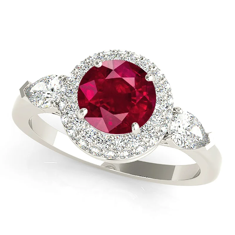 Classic Diamond Wedding Band-1.35 ct. Genuine Ruby Ring With Halo And Side Accent Diamonds