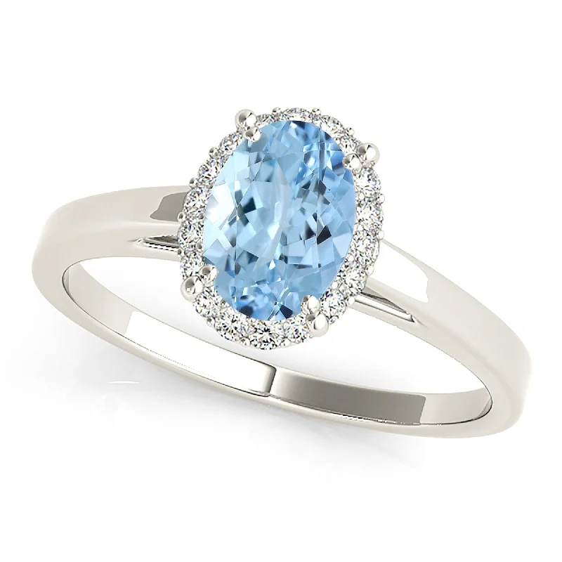 Rose Gold Stackable Ring-1.30 ct. Genuine Oval Aquamarine Ring With  Halo and Solid Gold Band