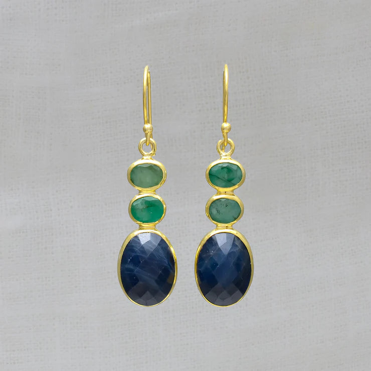 Glamorous Drop Earrings-Gold Vermeil Sapphire and Emerald Drop Earrings