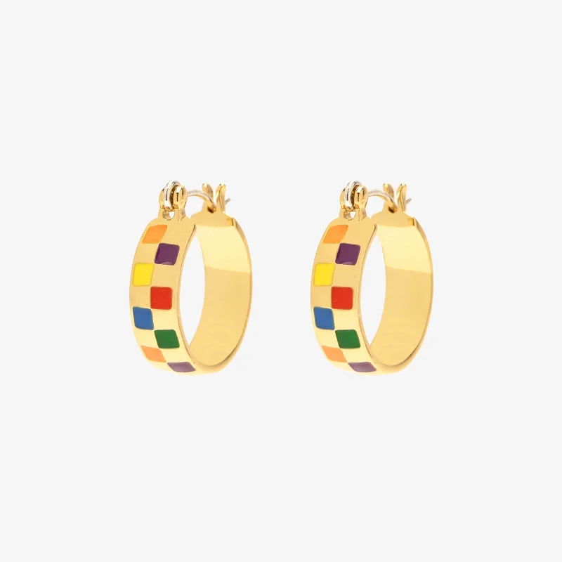 Double Drop Earrings-Rainbow Checkerboard Hoop Earrings