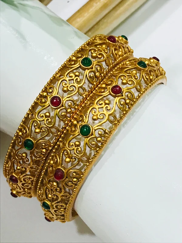 Stackable Silver Bangles-Elegant Floral Matte Finished Antique Gold Bangle Set With Multicolor Stones