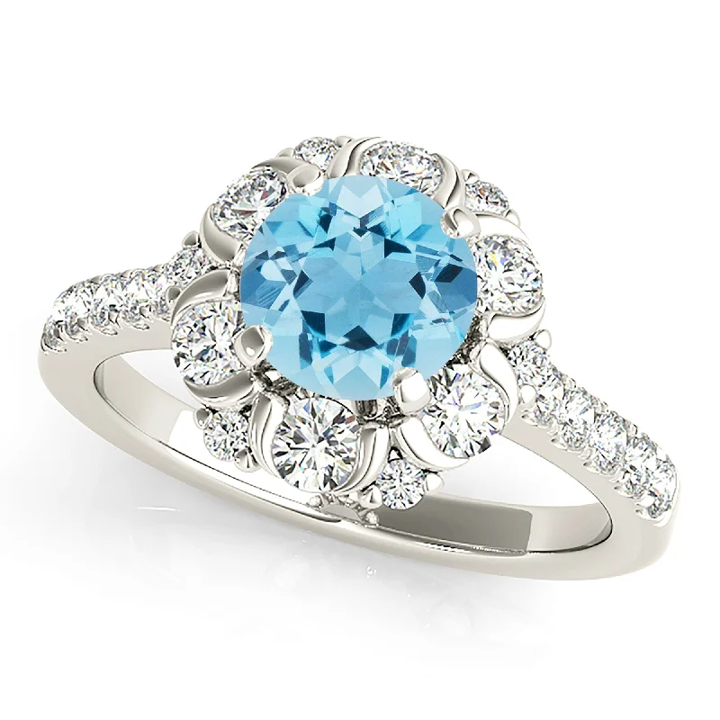 Sparkling Engagement Ring-1.10 ct. Genuine Aquamarine Ring With Floral Halo, Fancy Diamond Basket