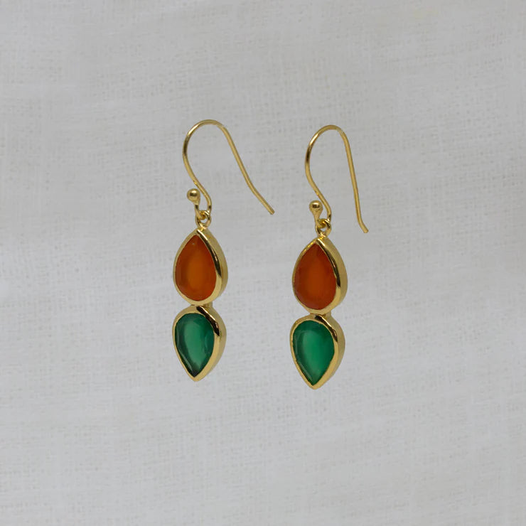 Artistic Crystal Earrings-Gold Vermeil Carnelian and Green Onyx Teardrop Earrings