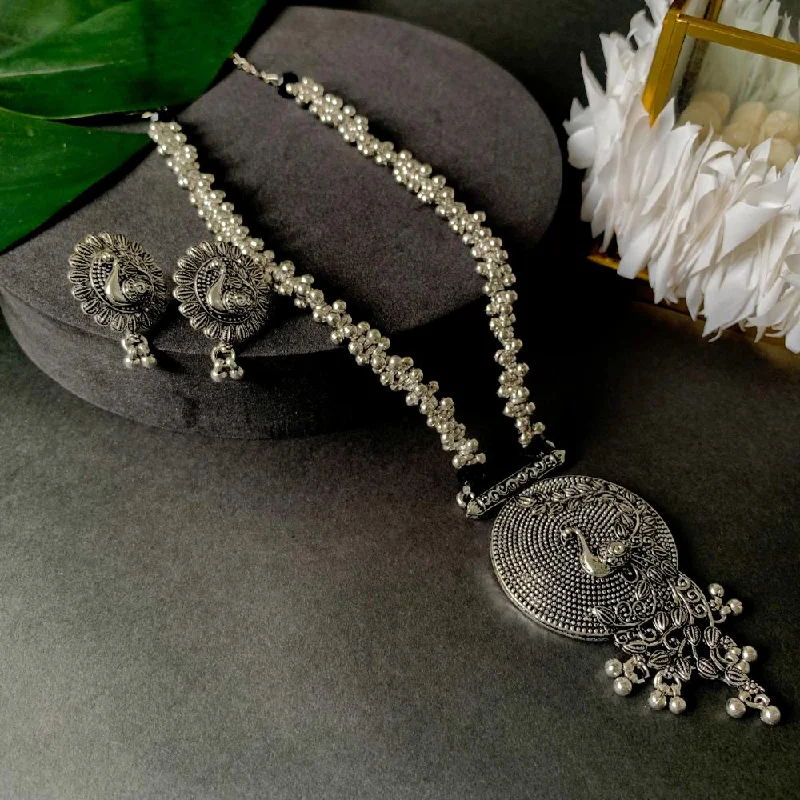 Elegant Silver Necklace-Etnico Ethnic Silver Oxidised Peacock Design Long Necklace With Earring Jewellery Set For Women/Girls (MC162OX)