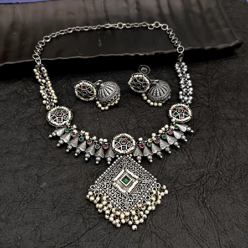 Modern Designer Necklace-Deep Jewell Oxidised Plated Crystal Stone Necklace Set