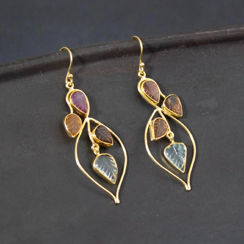 Gold Stud Earrings for Women-Gold Carved Tourmaline Art Nouveau Drop Earrings