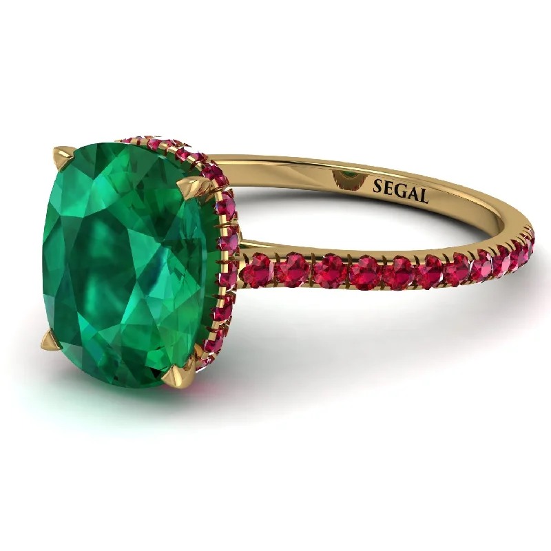 Romantic Heart Ring-Hidden Halo Cushion Emerald Ring - Alayna No. 49