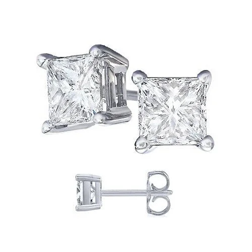 Modern Geometric Earrings-Unisex 925 Sterling Silver Princess Cubic Zirconia Square White Cz Stud Earrings. Solid Basket Settings