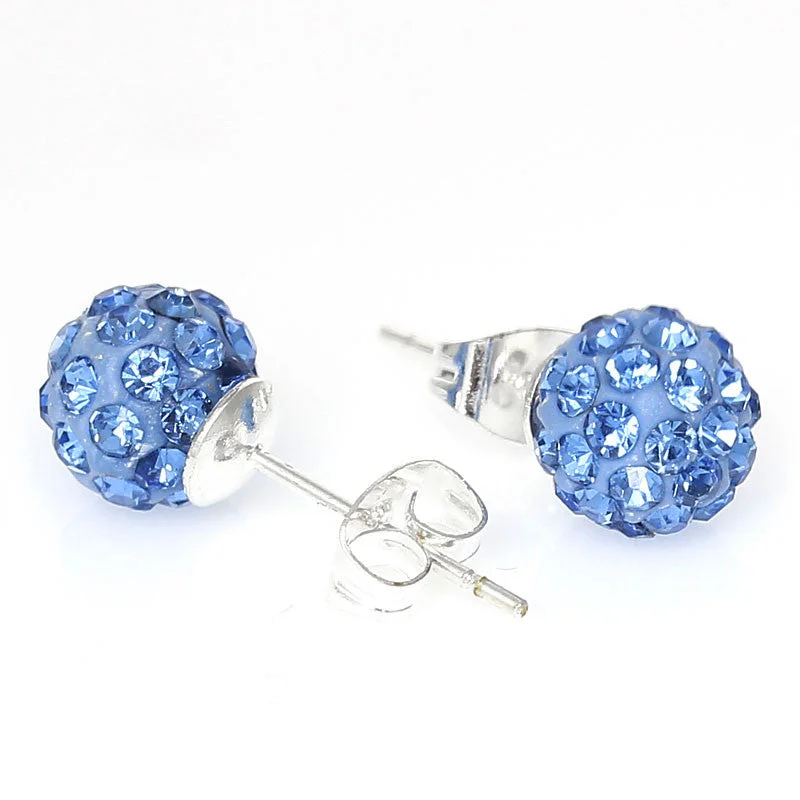 Multicolor Earrings-8mm Light Blue Rhinestones Crystal Fireball Disco Ball Pave Bead Stud Earrings