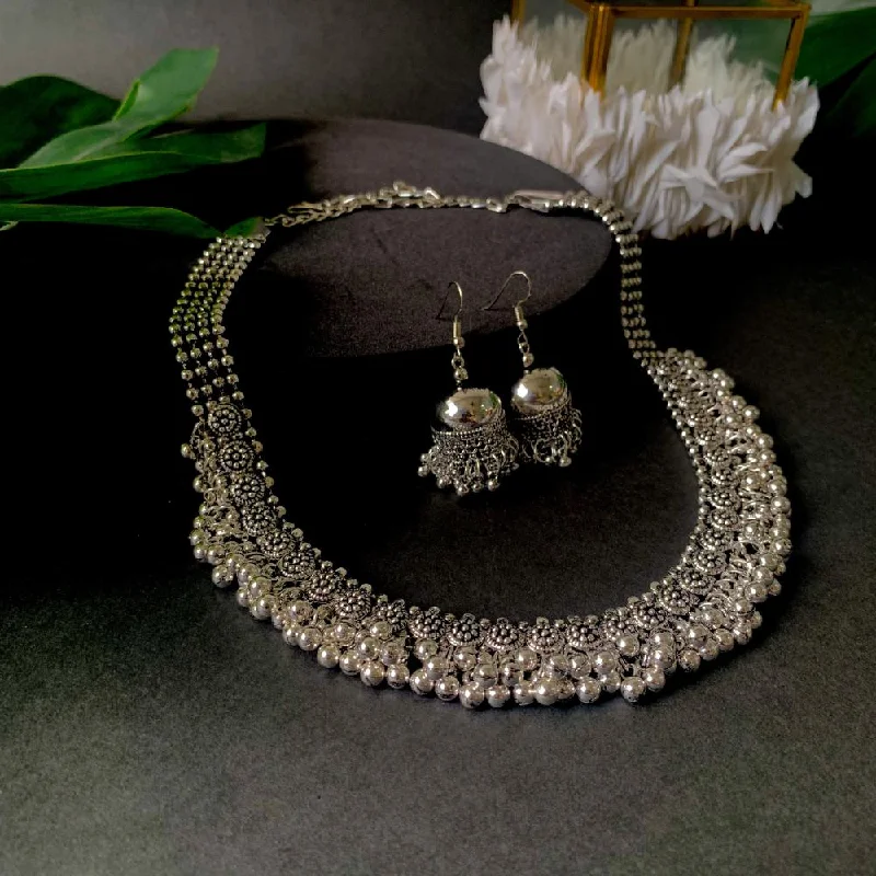 Double Chain Necklace-Etnico Ethnic Silver Oxidised Floral Design Ghungroo Long Necklace Jewellery With Jhumka Earrings Set For Women/Girls (MC158OX)