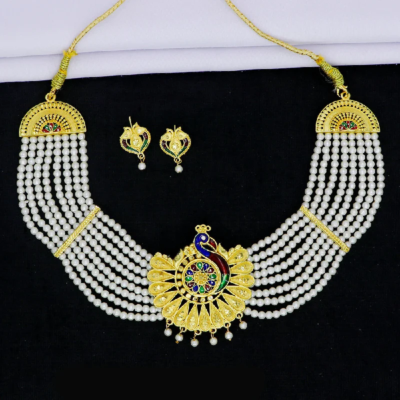 Double Layer Necklace-Mahavir Gold Plated Pearls Meenakari Necklace Set